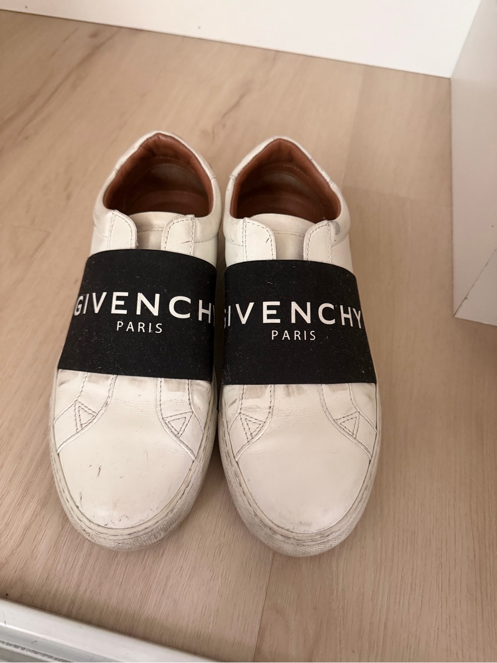 Givenchy White Leather Slip-Ons with Black Logo Band